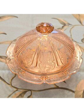 Vintage Cherry Blossom Pink Depression Glass Butter Dish Jeanette Floral JH2027